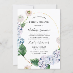 Blue Hydrangea Blush Rose Floral Bridal Shower Invitation