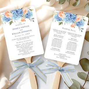 Blue Hydrangea Blush Rose Wedding Ceremony Program Hand Fan