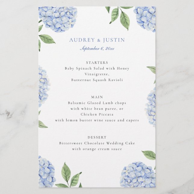 Blue Hydrangea Border Classic Wedding Paper Menu (Front)