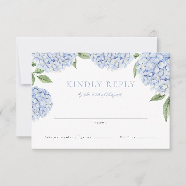 Blue Hydrangea Border Classic Wedding Reply RSVP Card (Front)