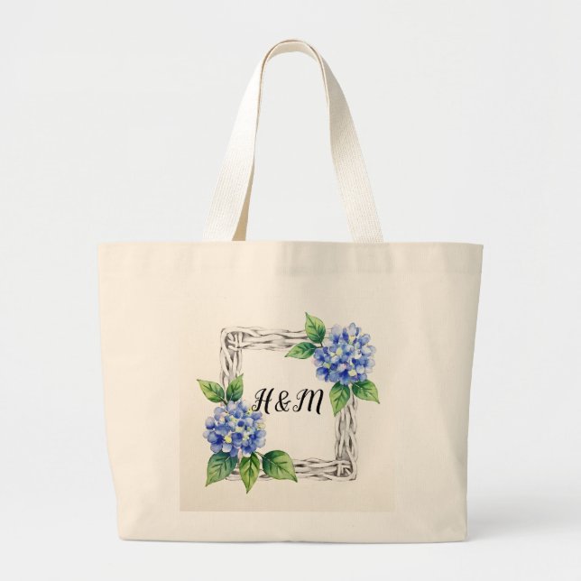 Blue Hydrangea Border Customised Large Tote Bag (Front)