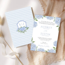 Blue Hydrangea Border, Personalised Crest Wedding Invitation