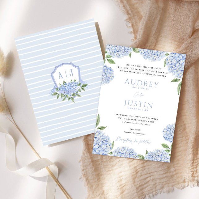 Blue Hydrangea Border, Personalised Crest Wedding Invitation (Creator Uploaded)