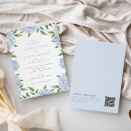 Blue Hydrangea Border, QR Code on Back, Wedding Invitation