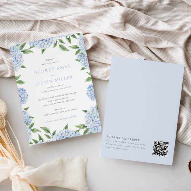 Blue Hydrangea Border, QR Code on Back, Wedding Invitation (Creator Uploaded)