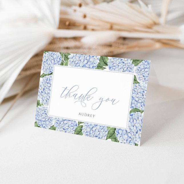 Blue Hydrangea Bordered Personalised Script Thank You Card (Creator Uploaded)