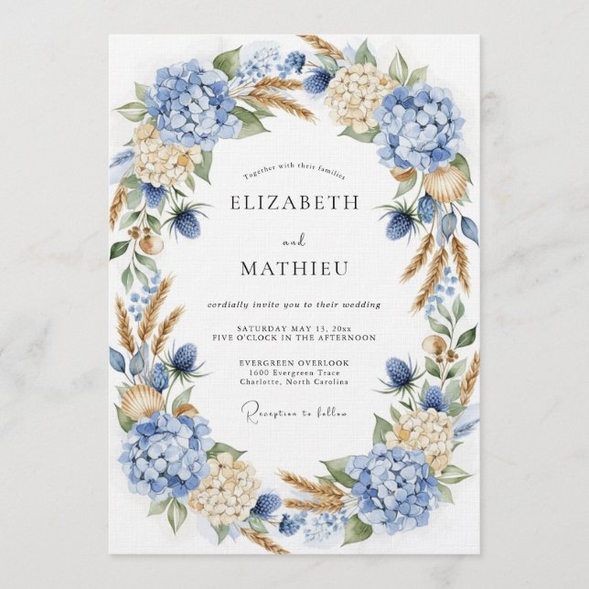 Blue Hydrangea Botanical Romance Wedding Invitation (Front)
