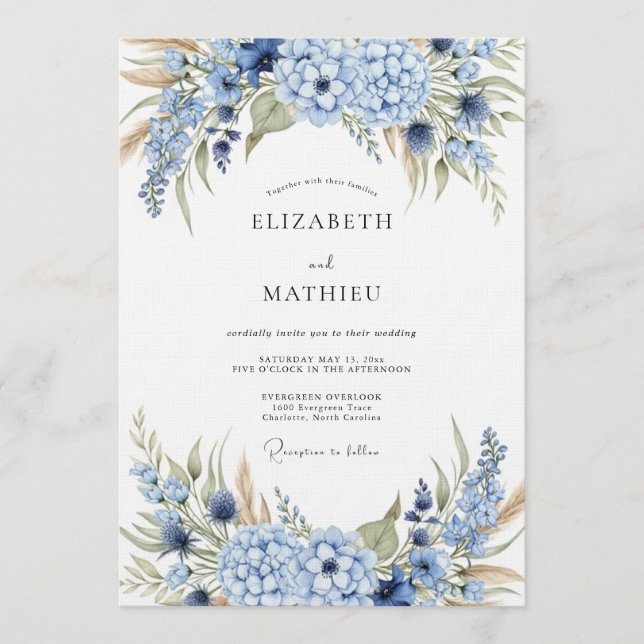 Blue Hydrangea Botanical Wedding Invitation (Front)