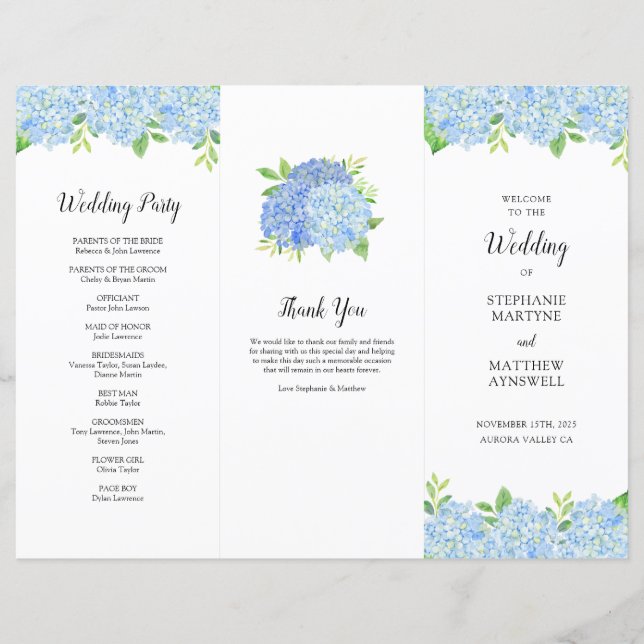 Blue Hydrangea Botanical Wedding Order of Service (Front)