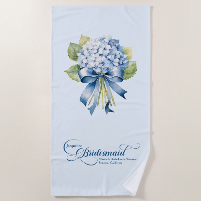 Blue Hydrangea Bouquet Bridesmaid Bachelorette Beach Towel (Front)