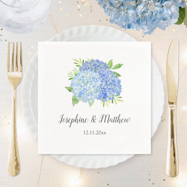 Blue Hydrangea Bouquet Watercolor Floral Wedding Napkin (Creator Uploaded)