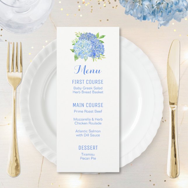 Blue Hydrangea Bouquet Watercolor Flower Menus (Creator Uploaded)