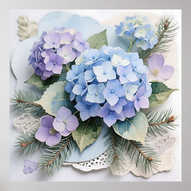 Blue Hydrangea Bouquet Watercolor Serenity Poster (Front)