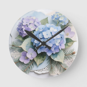 Blue Hydrangea Bouquet Watercolor Serenity Round Clock