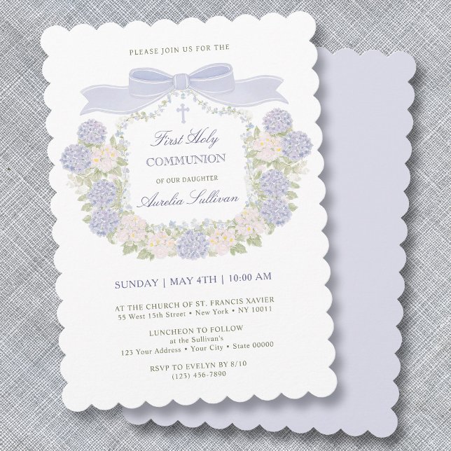 Blue Hydrangea Bow Frame First Holy Communion Invitation (Creator Uploaded)