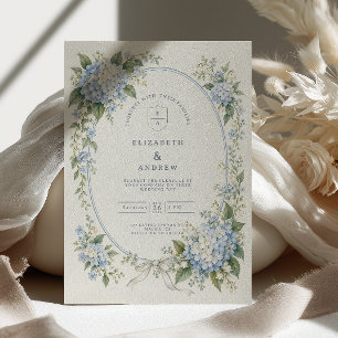Blue Hydrangea Bow Wedding Invitation