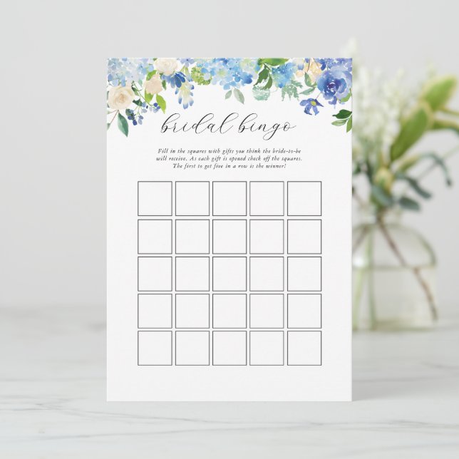 Blue Hydrangea Bridal Shower Bridal Bingo Game Invitation (Standing Front)