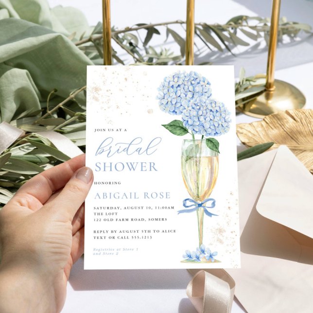 Blue Hydrangea Bridal Shower Gold Champagne Invitation (Creator Uploaded)