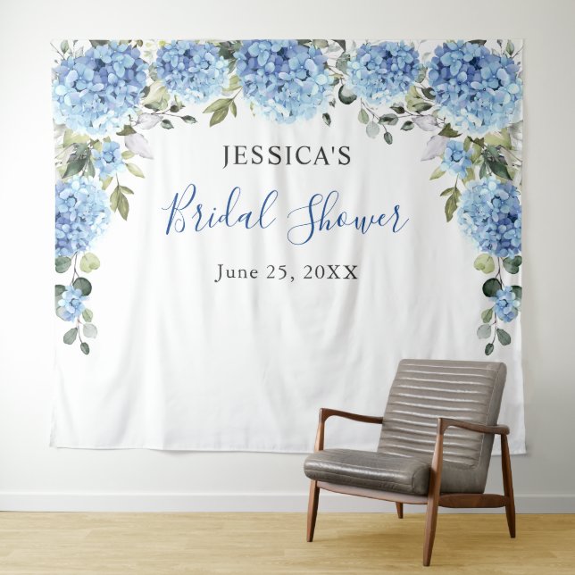 Blue Hydrangea Bridal Shower Photo Backdrop Tapestry (In Situ (Horizontal))