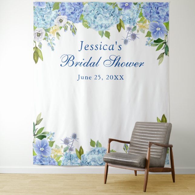 Blue Hydrangea Bridal Shower Photo Booth Backdrop Tapestry (In Situ)