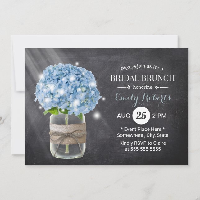 Blue Hydrangea Bridal Shower Rustic Chalkboard Invitation (Front)
