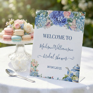 Blue Hydrangea Bridal Shower Tea Welcome  Pedestal Sign