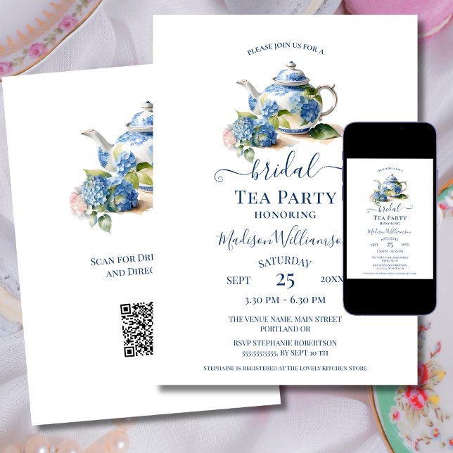 Blue Hydrangea Bridal Tea Party QR code Invitation (Creator Uploaded)