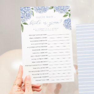 Blue Hydrangea Bride or Groom Paper Game Card