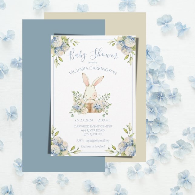 Blue Hydrangea Bunny Rabbit Baby Shower Invitation (Creator Uploaded)