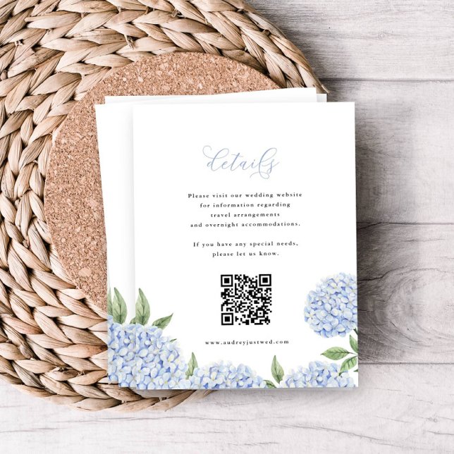 Blue Hydrangea Calligraphy Detail QR Code Enclosure Card (Creator Uploaded)