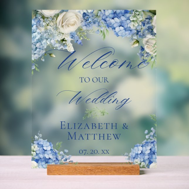 Blue Hydrangea Calligraphy Script Wedding Welcome Acrylic Sign (Neutral)