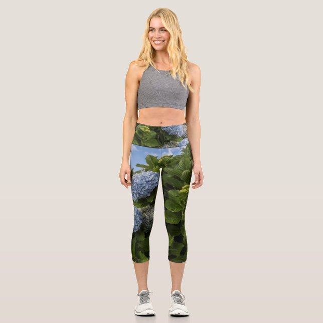 Blue Hydrangea Capri Leggings (Front)