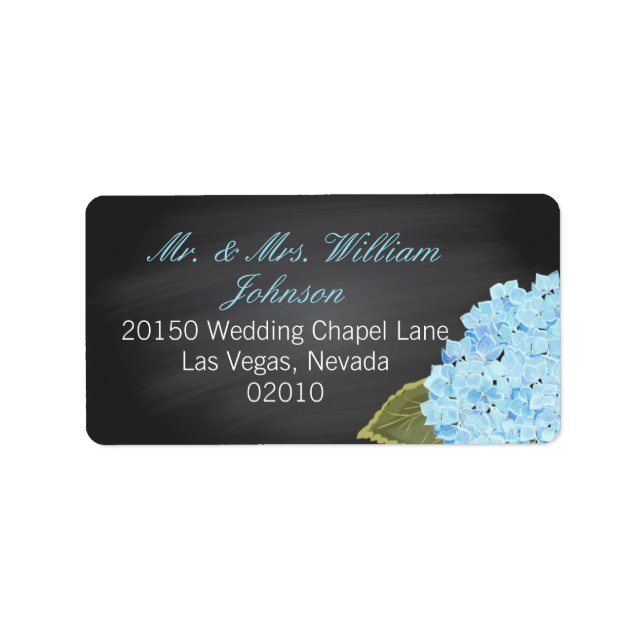Blue Hydrangea Chalkboard Wedding Label (Front)