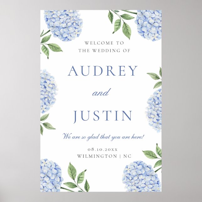 Blue Hydrangea Classic Border, XL Wedding Welcome Poster (Front)