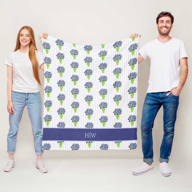 Blue Hydrangea Coastal Floral Vase Monogram  Fleece Blanket (In Situ)