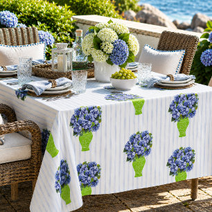 Blue Hydrangea Coastal Floral Vase Monogram Tablecloth