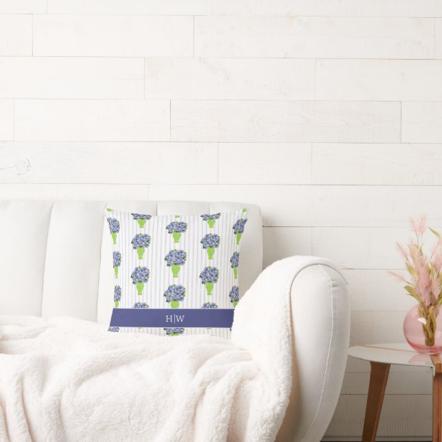Blue Hydrangea Coastal Green Vase Stripe Monogram  Cushion (Couch)