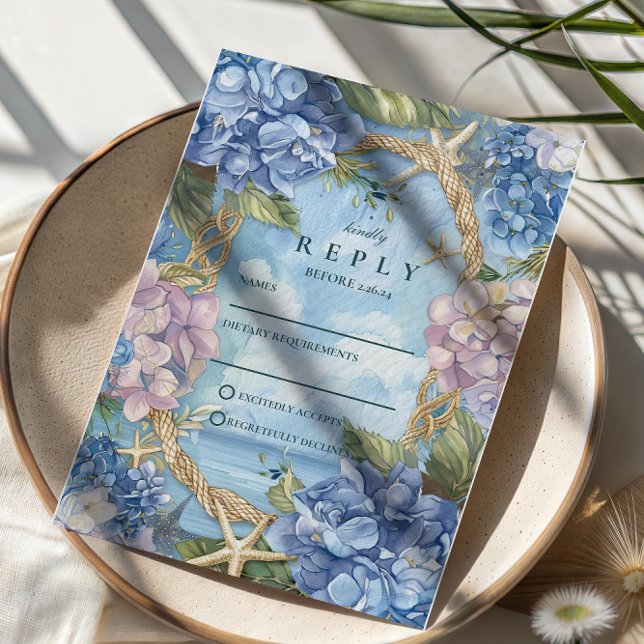 Blue Hydrangea Coastal Rope Wedding RSVP Card (Creator Uploaded)