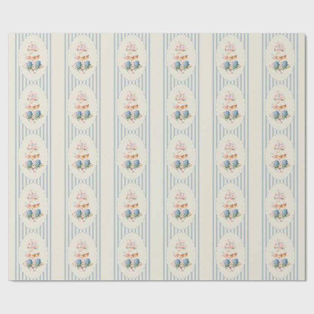 Blue Hydrangea Coastal Striped Bridal Shower Wrapping Paper (Flat)