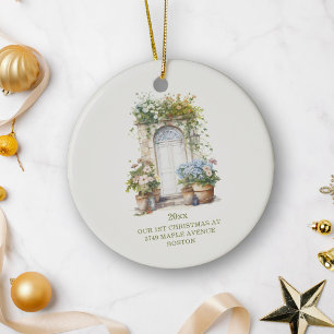 Blue Hydrangea Cottage Door New Home Christmas Ceramic Ornament