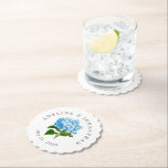 Blue Hydrangea Couples Name and Wedding Date Paper Coaster<br><div class="desc">A fun detail for the guests and couple on their wedding day,  these customised paper coasters feature a classic periwinkle blue hydrangea blossom and their names and wedding date. These chic coasters can also double as shower,  rehearsal dinner,  and post-vow home decor.</div>