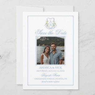 Blue Hydrangea Crest Monogram QR Code Save The Date
