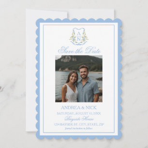 Blue Hydrangea Crest Monogram Wedding Invitation