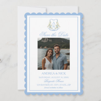Blue Hydrangea Crest Monogram Wedding Invitation