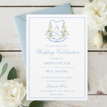 Blue Hydrangea Crest Monogram Wedding Invitation