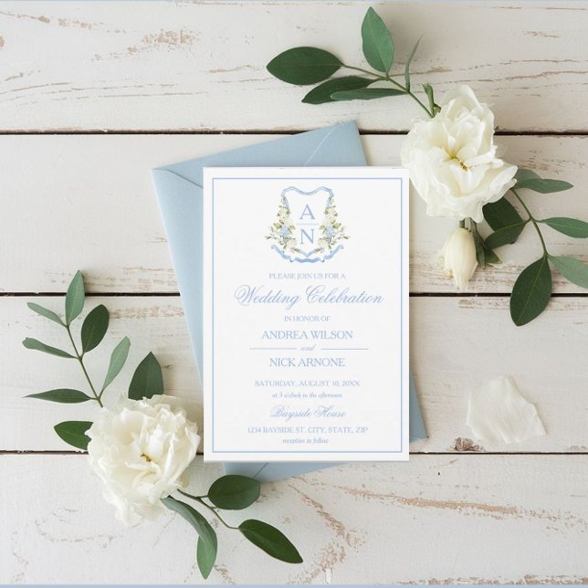 Blue Hydrangea Crest Monogram Wedding Invitation (Blue Hydrangea Crest Monogram Invitation)