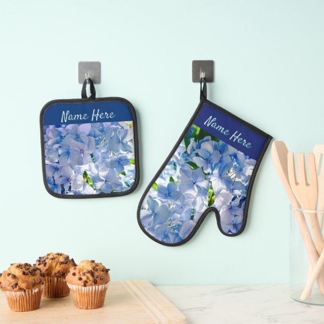 Blue Hydrangea Custom Name Address Oven Mitt & Pot Holder Set (Insitu(Hanging))