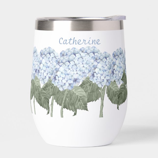 Blue Hydrangea Custom Name Insulated Wine Tumbler (Left)