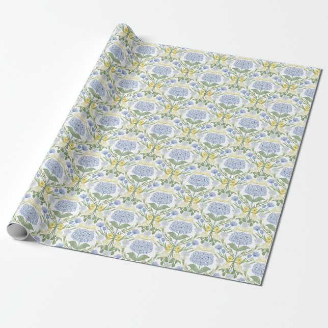Blue Hydrangea, daffodils and roses Wrapping Paper (Unrolled)