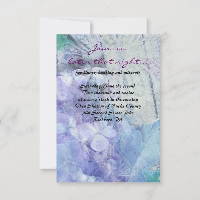 BLUE HYDRANGEA & DRAGONFLY Bat Mitzvah Party Card (Front)